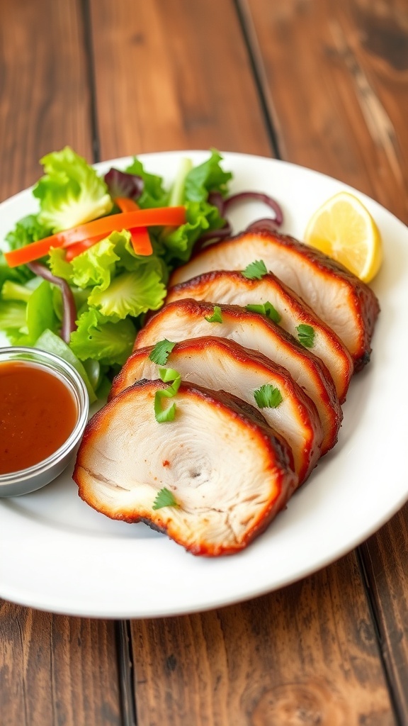Crispy Air Fryer Pork Jowl Recipe Crispy air fryer pork jowl slices on a plate with salad and dipping sauce.